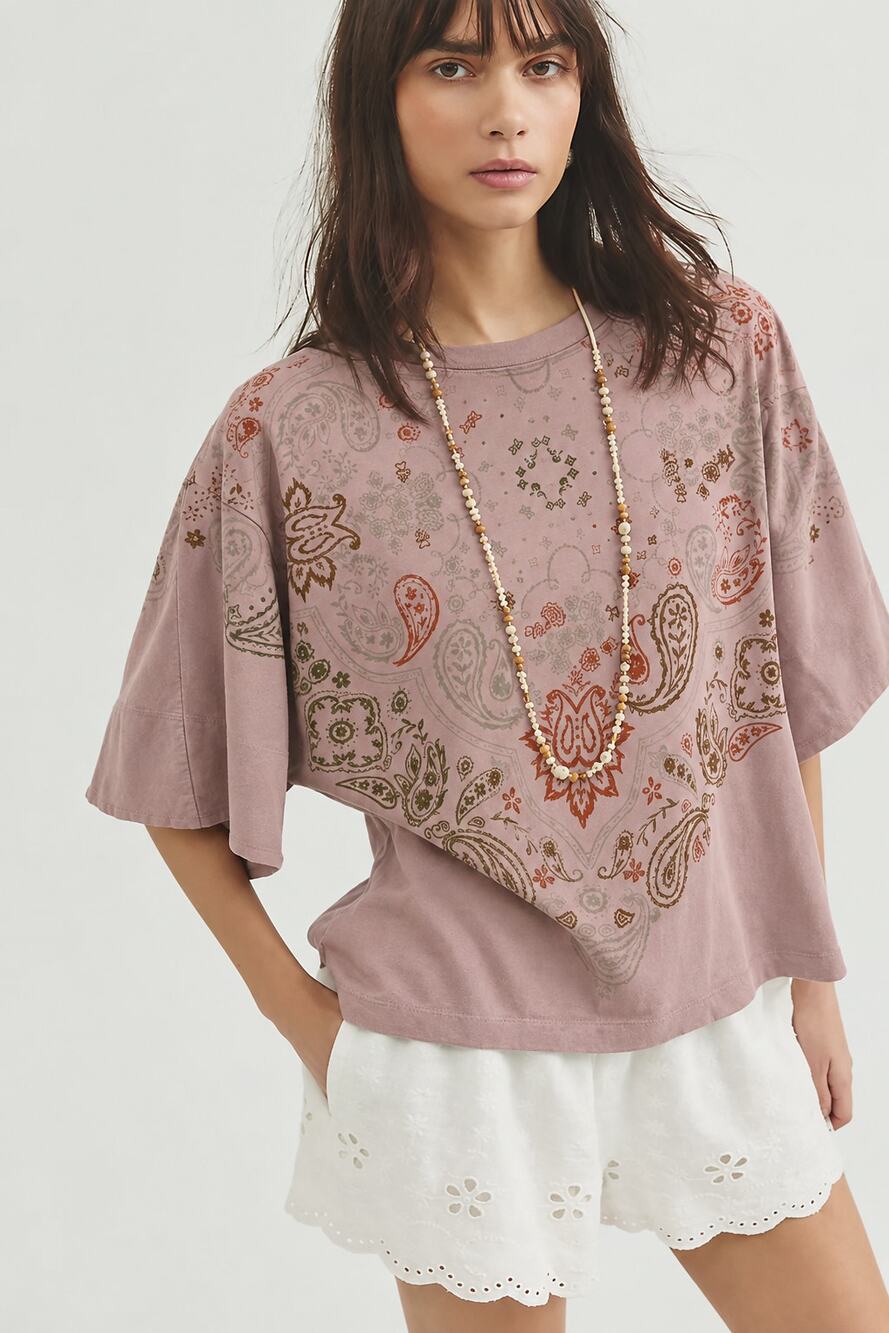 RARE Free People Heirloom Printed Tee, Blush Pink, NWOT, Size XS